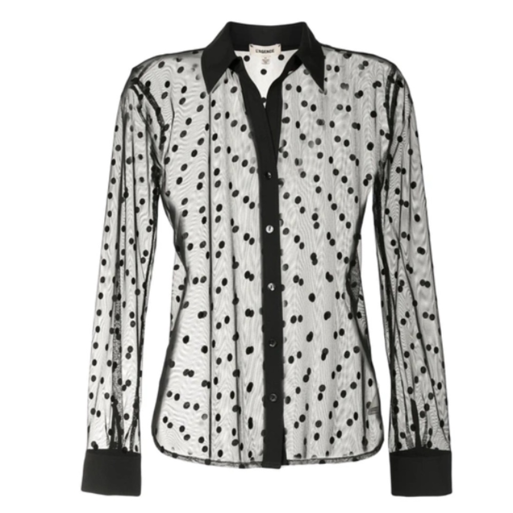 New L'agence SHEER POLKA-DOT SHIRT BLACK SZ: L Original Price $295